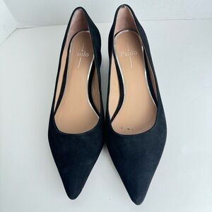 Linea Paola Bardot Pointed Toe Black Suede Pump Stacked Heel Shoe